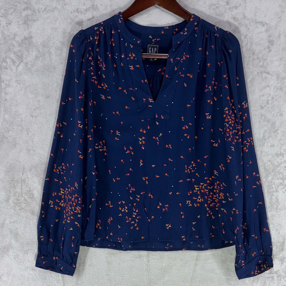 GAP Navy with Floral Print Split Neck Puffed Long Sleeve Popover Top Size Small